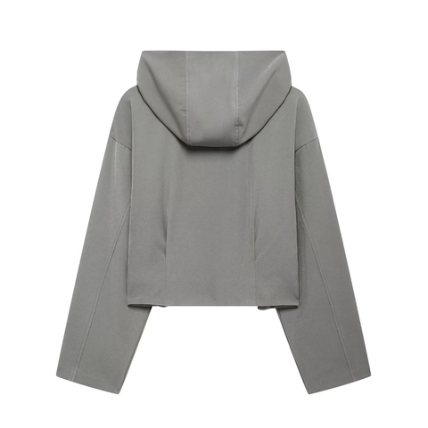 Chaqueta Casual Con Capucha Para Mujer Con Cremallera Corta Ajuste Holgado Manga Larga Ropa De Abrigo Con Bolsillos Color Sólido 100% Poliéster