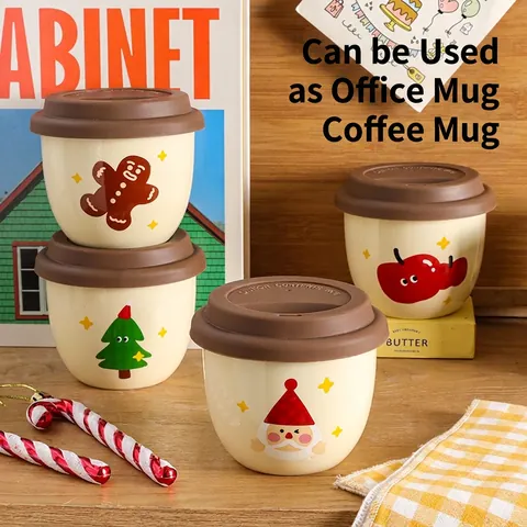 Tazza da Caffè in Ceramica di Natale Con Coperchio in Silicone Motivo Babbo Natale Omino di Pan di Zenzero 245ml Regalo Donna