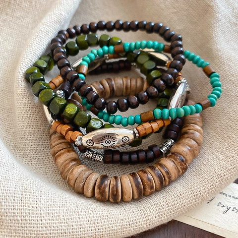 Braccialetti Di Perline In Legno Boho Vintage Con Guscio Di Cocco E Ciondoli In Lega Sole Occhio Stile Etnico Per Donne E Uomini