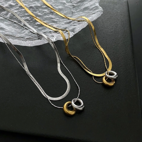 Double Layer Necklace Titanium Stainless Steel Interlocking Circles Pendant Snake Bone Chain Minimalist Fashion For Women