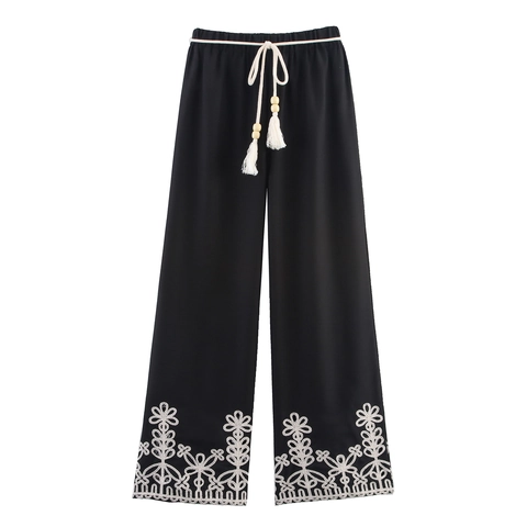 Damen Gerade Hose Hohlstickerei Böhmisch Urlaub Lässige Hose Elastische Taille Mit Quaste Holzperlen