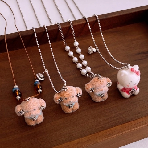 Plüsch Welpen Anhänger Halskette Kunstperle Lange Pulloverkette Mode Süßer Tierstil Schmuck Zubehör Für Damen