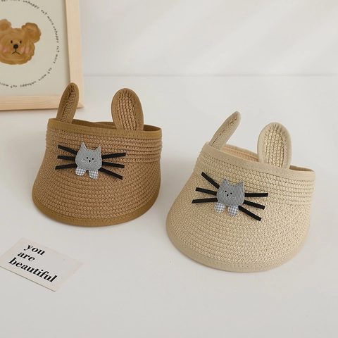 Visera De Paja Para Niños Sombrero Sol Verano Dibujos Animados Orejas Gato Transpirable Gorra Playa
