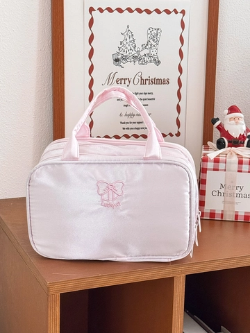 Trousse De Maquillage En Satin Grande Capacité Multi Couches Broderie Noeud Papillon Organisateur Cosmétique Portable Voyage Rose