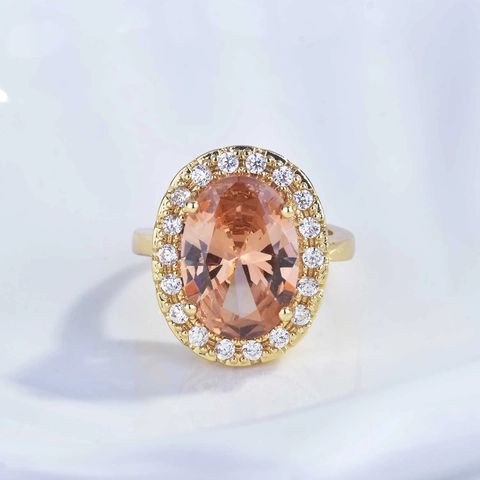 Vintage Luxury Oval Champagne Cubic Zirconia Ring 18K Gold Plated Copper Halo Finger Jewelry For Women Elegant