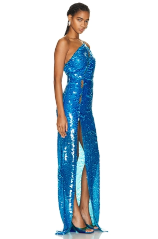 Vestito Da Sera Con Paillettes Blu Monospalla Ritaglio Spacco Schiena Scoperta Sexy Aderente Senza Maniche Elegante