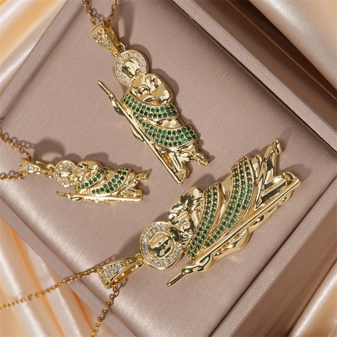 Collar Con Colgante De San Judas Cobre Bañado En Oro Circonita Verde Blanca Joyería Religiosa Hip Hop Para Hombre Mujer