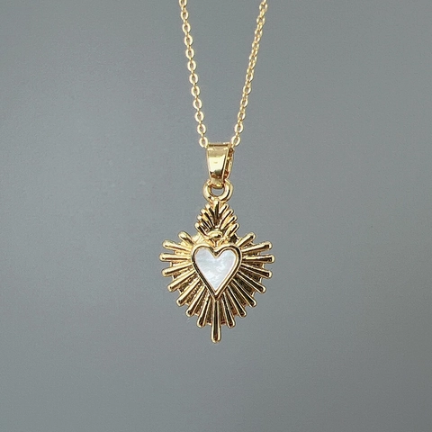 Heart Pendant Necklace 18K Gold Plated Copper Natural Mother Of Artificial Pearl Shell Sunburst Ray Design For Women Jewelry