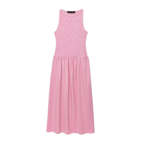 Gingham Gesmoktes Midi Kleid Ärmellos Seersucker Rundhals Rosa Weiß Karoliertes A-Linie Lässiger Urlaubsstil Für Damen