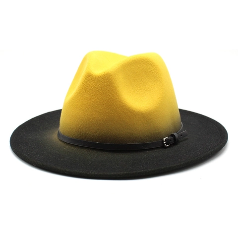 Vintage Gradient Color Block Fedora Hat Cotton Polyester Felt Wide Brim Jazz Cap With Belt Buckle Men Women Outdoor