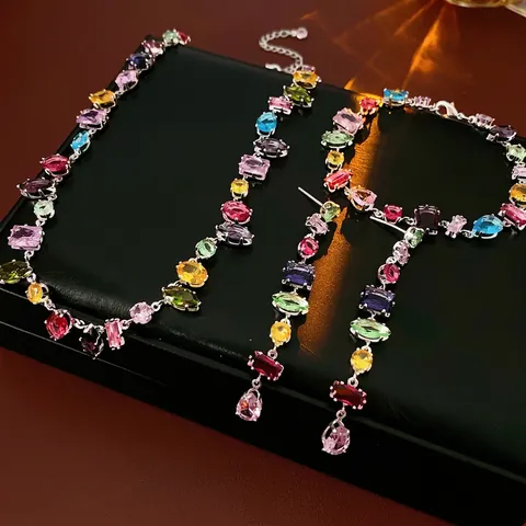 Colorful Zircon Necklace Dangle Earrings Bracelet For Women Luxury Water Drop Fashion With Silver Earring Post