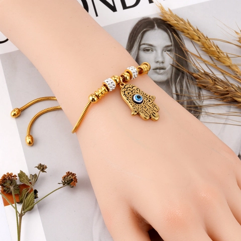 Bracciale Mano Di Fatima Malocchio Acciaio Inossidabile Catena Serpente Regolabile Perline Zirconia Gioielli Donna
