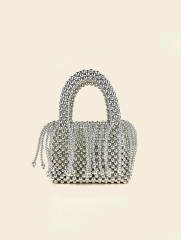 Mode Silberne Perlen Handtasche Handgefertigte Gewebte Acrylperlen Quasten Eimertasche Abendparty Streetwear Für Damen