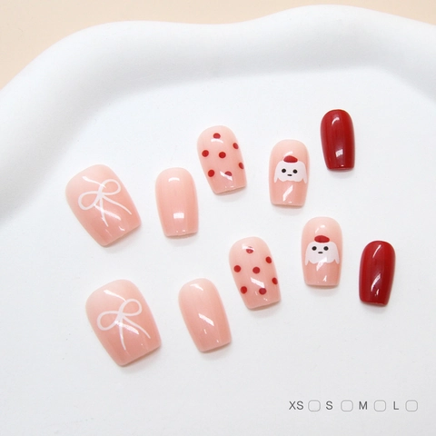 Handmade Press On Nails Short Square Round ABS Plastic Reusable Pink Red Cartoon Puppy Polka Dot Bowknot Sweet Style