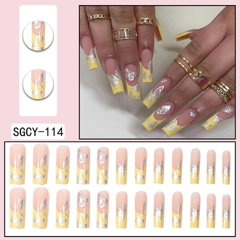 Uñas Postizas Press On Forma De Ataúd Larga Puntas Amarillas Francesas Patrón Mariposa Plateada Plástico De Moda