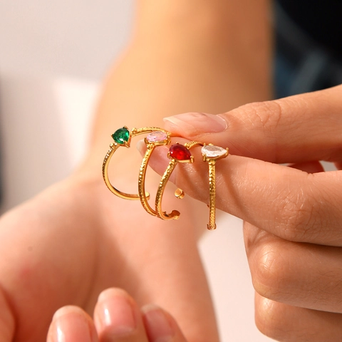 Adjustable Teardrop Zircon Ring 18K Gold Plated Stainless Steel Hammered Texture Vintage Luxury For Women