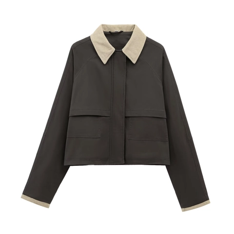 Chaqueta Retro De Mujer Con Bloques De Color Y Cuello De Pana Corte Holgado Ropa De Trabajo Casual