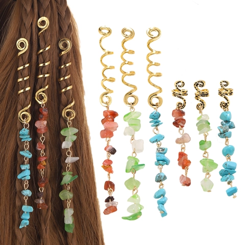 Braid Hair Jewelry Clips Spiral Alloy Coil With Natural Crushed Stone Tassel Bohemian Dreadlock Accessories For Women