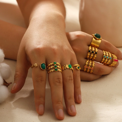 Anillos Ajustables Abiertos Bañados En Oro De 18K Vintage Malaquita Circón Turquesa Bohemio Retro Joyería Para Mujeres