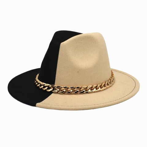 Wool Fedora Hat Split Color Contrast Jazz Cap With Gold Metal Chain Wide Brim Vintage Unisex