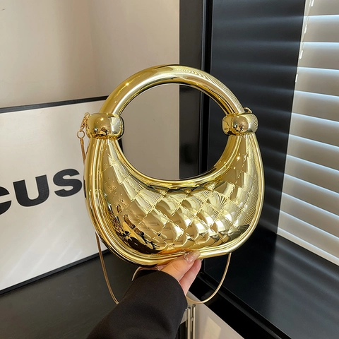 Women Half Moon Handbag Metallic Quilted Acrylic Party Bag With Round Handle And Chain Strap Trendy Evening Purse