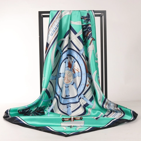 Fashion Nautical Print Square Scarf Elegant Satin Satin Like Head Neck Wrap For Women Elegant Anchor Helm Pattern