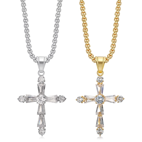 Collana Con Ciondolo A Croce Acciaio Inossidabile 316L AAA Zircone Incastonato Oro 18K Placcato Gioielli Moda Uomo Donna