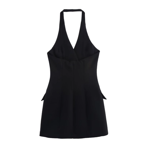 Vestido Blazer Mini Halter Elegante Cruzado Sin Mangas Cuello V Poliéster Tejido Color Sólido Atuendo De Fiesta Para Mujer