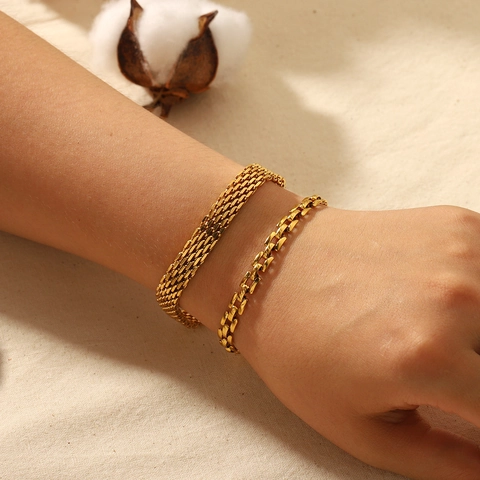 Pulsera De Acero Inoxidable Chapada En Oro 18K Cadena Serpiente Plana Eslabón Cubano Joyería Mujeres Hombres Minimalista