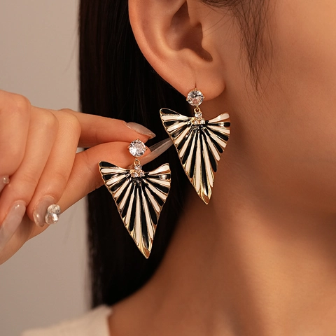 Orecchini A Ventaglio Triangolo Geometrico Con Perno In Argento Sterling 925 Smalto A Righe Nero Bianco Zircone Rame Vintage