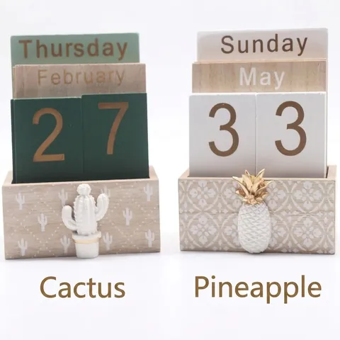 Wood Perpetual Desk Calendar Flip Blocks Date Month Week Display Home Office Desktop Decor Cactus Pineapple Ornament