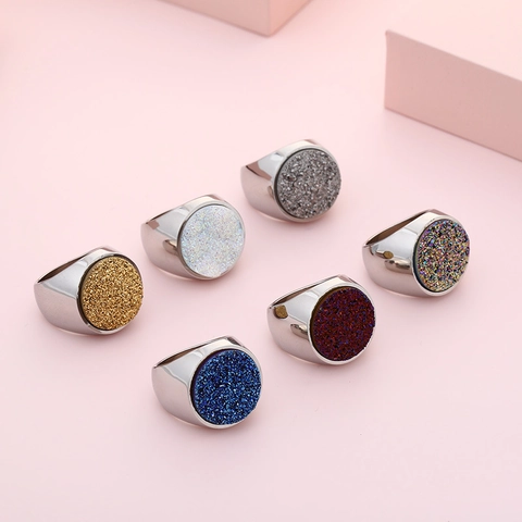Mode Siegelring Edelstahl Druzy Kristall Inlay Rund Breitband Statement Schmuck Für Damen Herren Poliert