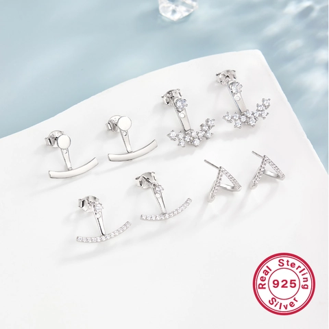925 Sterling Silver Stud Earrings For Women With White Zircon Inlay Minimalist Geometric Arc V Shape French Style Jewelry