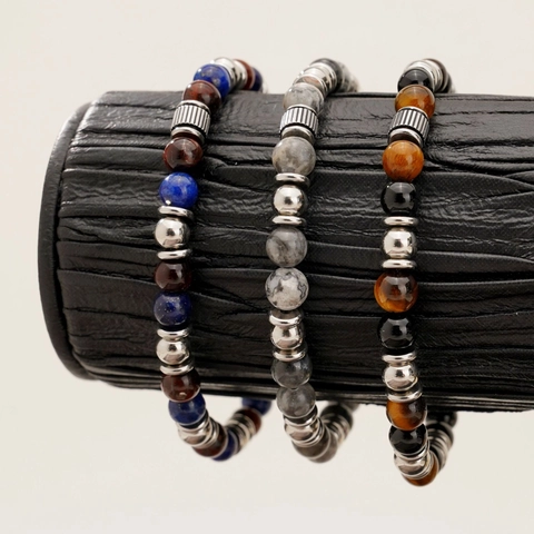 Natural Stone Beaded Bracelet Tiger Eye Lapis Lazuli Stainless Steel Elastic Jewelry For Men Women Minimalist Charm