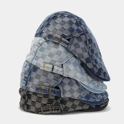 Coppia Piatta In Denim Lavato Vintage A Scacchi Berretto In Cotone Regolabile Cappello Newsboy Per Uomo Donna