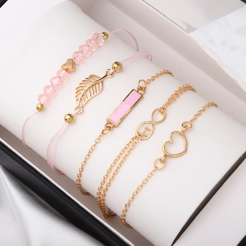Bracciale Boho Lega Cuore Foglia Infinito Ciondolo Corda Intrecciata Perline Gioielli Di Moda Regalo Elegante Per Donne