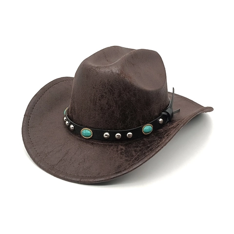 Cappello Da Cowboy Western Retrò Con Texture Crepata Rivetti Turchese Ecopelle Tesa Larga Jazz Fedora Per Uomo Donna