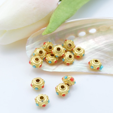 Cuentas Espaciadoras De Aleación Chapadas En Oro Retro Patrón Flores Esmalte Rojo Azul Para Crear Joyas DIY Pulsera Collar