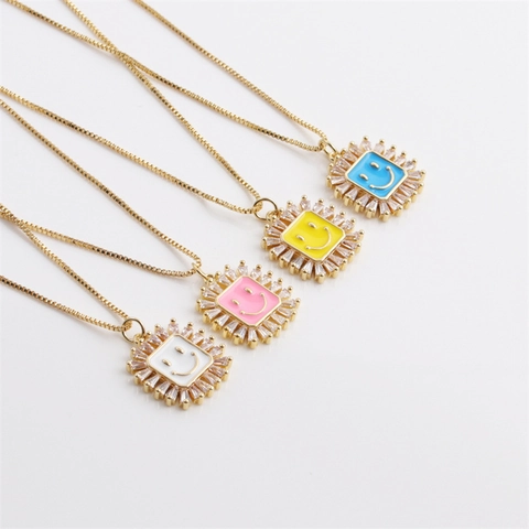 Smiley Face Square Pendant Necklace Copper Enamel Zircon Clavicle Chain Colorful Fashion Jewelry For Women