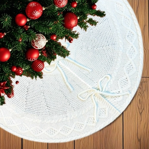 Jupe De Sapin De Noël Tricotée Motif Torsadé Couverture De Base Ronde Décoration De Fête Classique Polyester Doux