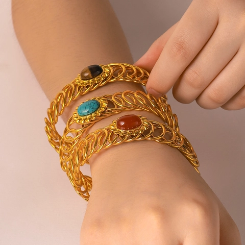 Bracciale Rigido In Acciaio Inossidabile Placcato Oro 18K Spirale Cavo Aperto Regolabile Pietra Naturale Gioielli Vintage Donna