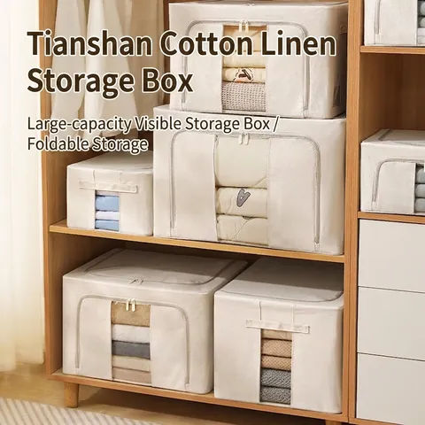 Foldable Storage Box Cotton Linen Fabric With Steel Frame PP Board Transparent Window Double Zipper Closet Organizer