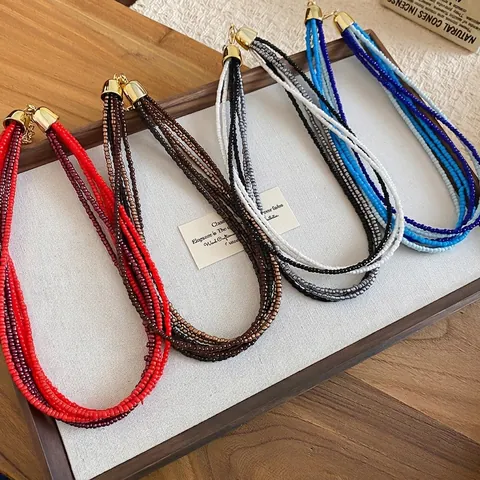 Multi Layer Seed Bead Necklace Artificial Crystal Glass Choker Bohemian Style Adjustable Jewelry For Women