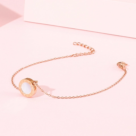 Pulsera De Acero Inoxidable Para Mujer Doble Cara Números Romanos Colgante Redondo Epoxi Negro Incrustación Concha Blanca