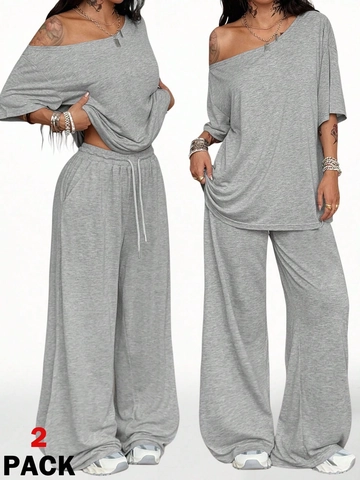 Women Casual Lounge Top And Wide Leg Pants Off Shoulder Short Sleeve Solid Color Streetwear Knit