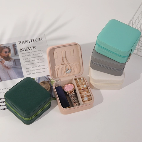 Portable Portable Jewelry Box Multi Grid Leather Zipper Storage Organizer For Rings Necklaces Earrings Travel Daily Gift