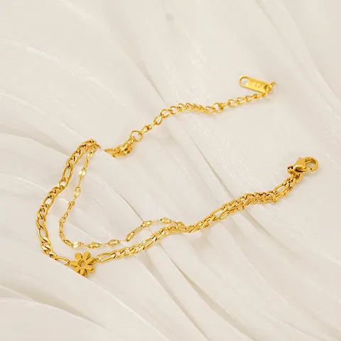 Zweilagiges Blumen Armband 18K Vergoldet Edelstahl Figaro Kette Verstellbarer Schmuck Für Damen