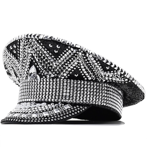 Sombrero De Capitán Negro Lentejuelas Diamantes De Imitación Tachonado Militar Oficial Rendimiento Sombrero Para Fiesta Festival Estilo Punk