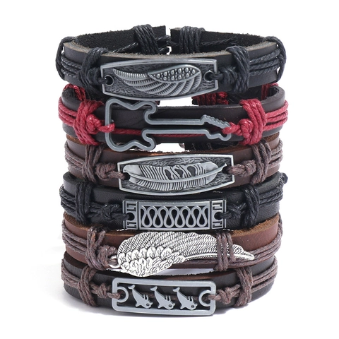 Bracciale In Pelle Intrecciata Retrò Ciondoli In Lega Ala Chitarra Piuma Punk Bohémien Multistrato Regolabile Unisex
