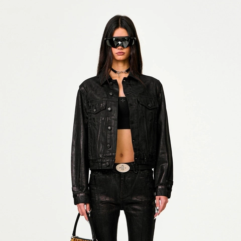 Women Waxed Coated Denim Jacket And Slit Flare Pants Lightning Print Slim Fit Streetwear Locomotive Style Gothic